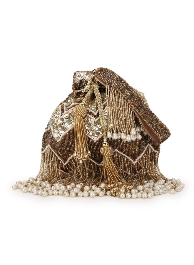 Anekaant Dangle Gold & Copper Chevron Embellished Faux Silk Potli - Image 2